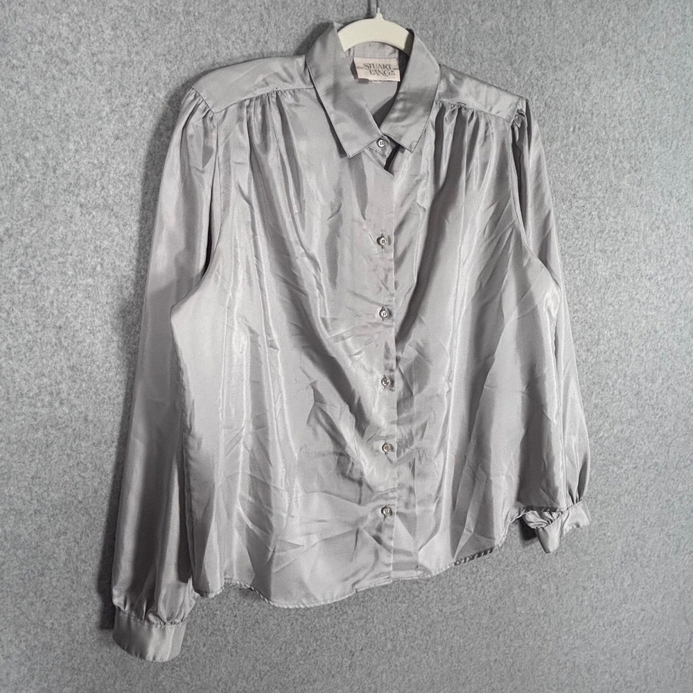Vintage Satin Button Up Blouse 12 Silver Victorian Feminine Romantic 80s Career